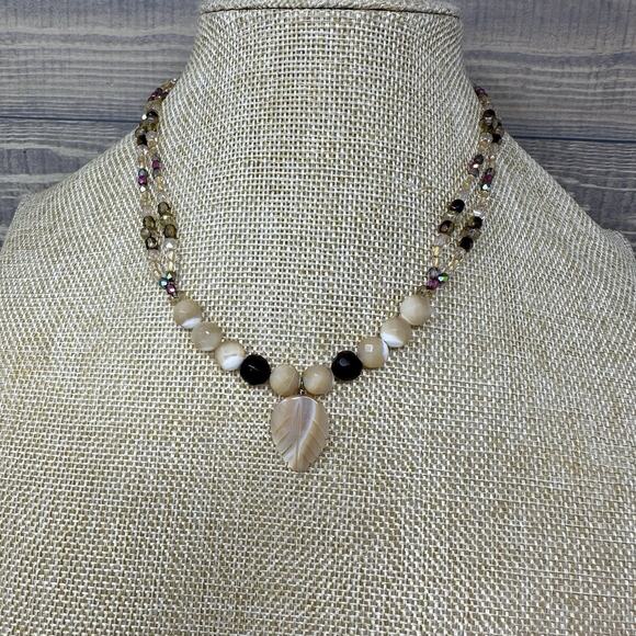 Carved Mother Of Pearl Leaf Pendants Beaded Necklace Bracelet Set Gold Filled - Picture 3 of 8